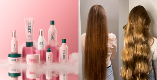 Image of Coco & Eve hair products on the left and a before-after hair transformation image on the right