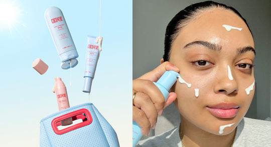 Image of Coco & Eve SPF & Go Kit on the left and image of a women applying Daily Water Gel SPF50+ Sunscreen on the right