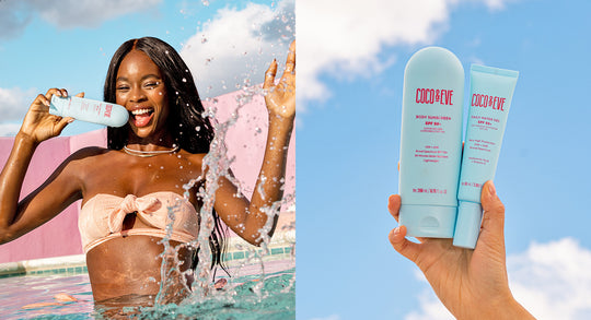 Left image is of a girl in a pool and right image is of Coco & Eve's SPF Essentials Set