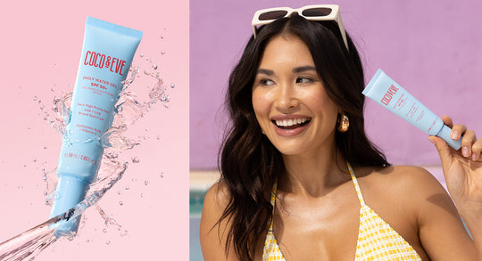 Image of Coco & Eve Daily Water Gel SPF50+ Sunscreen on the left and image of women holding the sunscreen on the right