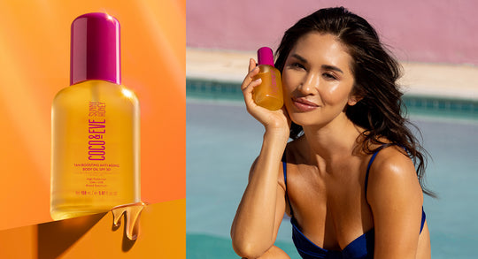 Image of Coco & Eve's Tan Boosting Anti-Aging Body Oil SPF 30 on the left and a women holding it on the right 