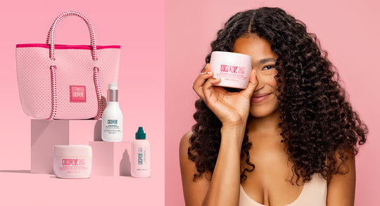 Image of Coco & Eve Hair Rescue Kit on the left and women holding Coco & Eve Sweet Repair Hair Mask on the right