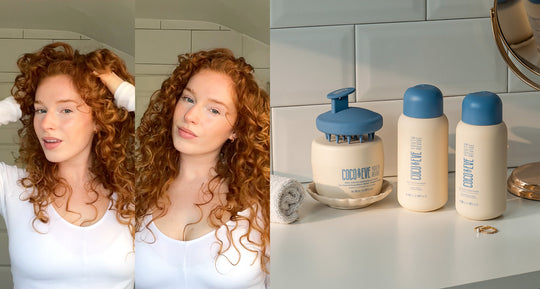 Image of curly red haired women on the left and Coco and Eve Honey Bliss Hair Set on the right