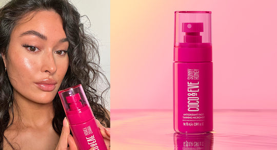 Right image is of a girl holding a tanning mist and left image is the tanning mist product