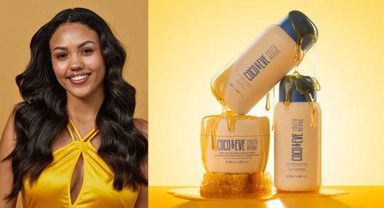 Image of Coco and Eve's Youth Revive Haircare Range on the right and image of a model on the left