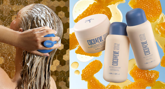 Image of women washing her hair on the left and image of Coco and Eve Honey Bliss Hair Set