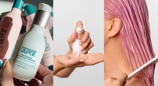 Images of Coco & Eve Bond Building Pre-Shampoo Treatment and a lady with pink hair