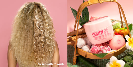 split photo with a before and after of a woman's curly hair and a fruit basket with the sweet repair hair mask in it