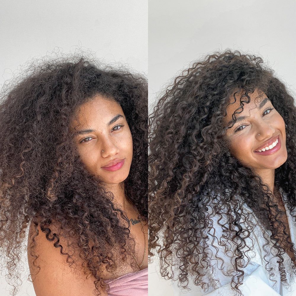 A woman showing before and after pictures after using the shampoo & conditioner kit.