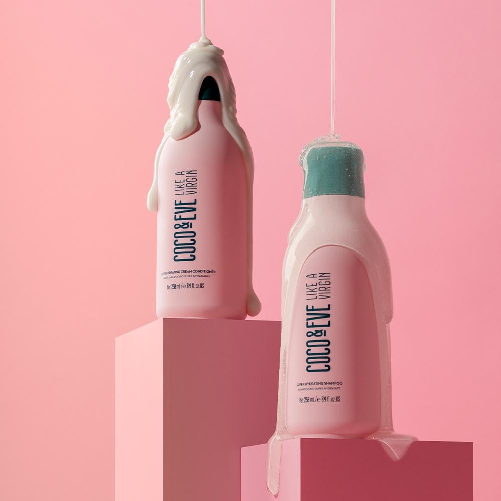 Hair shampoo & conditioner set with conditioner around it.